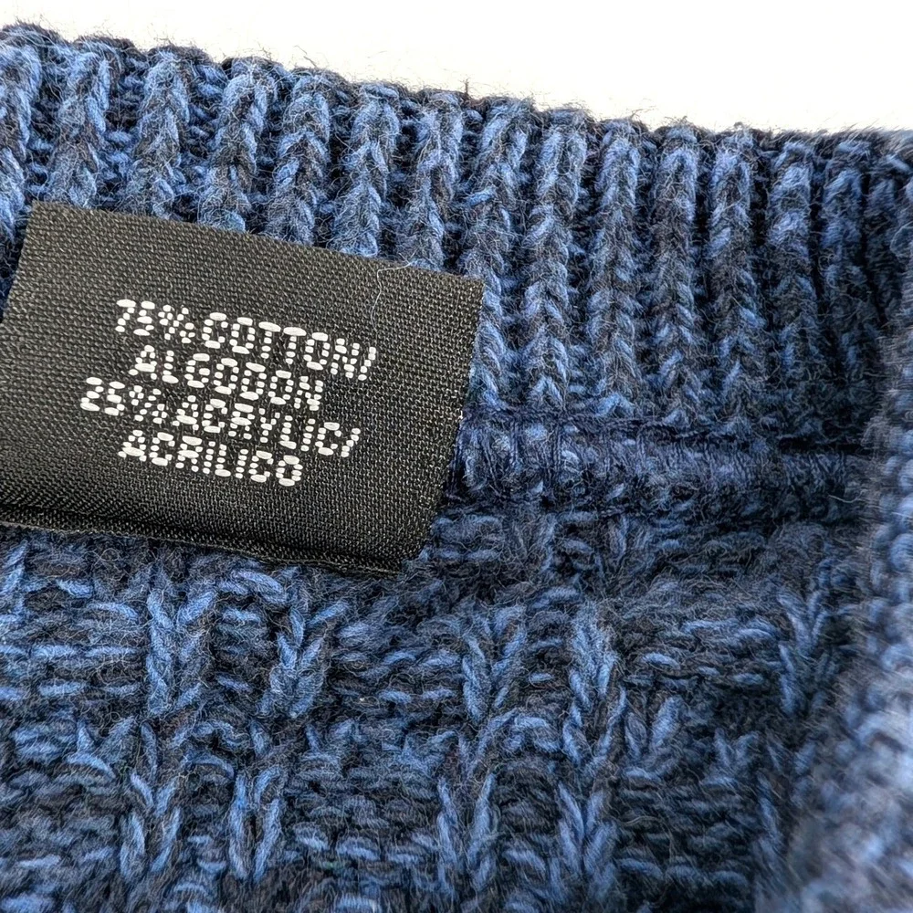 Oscar de la Renta Henley Sweater Blue Waffle Knit Cotton Blend XL